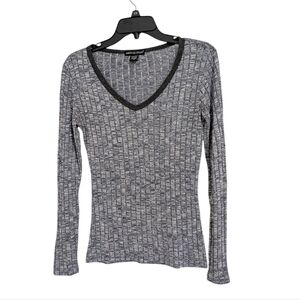 American Dream Black Long Sleeve V-Neck Knit Top Blue Gray Women's XS